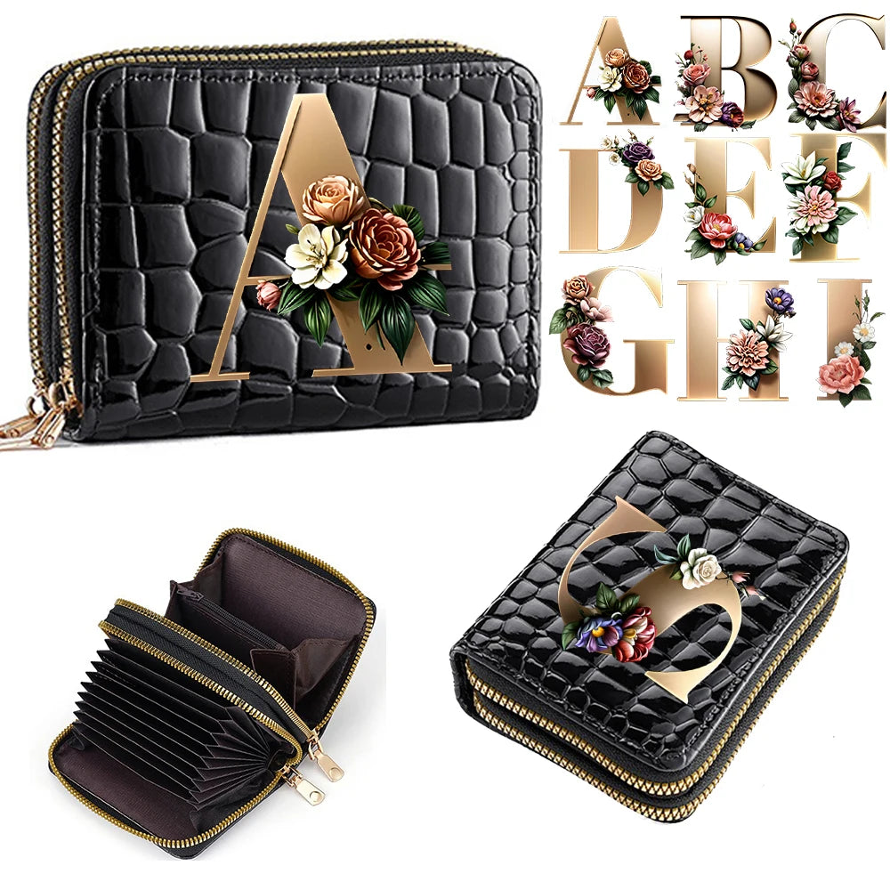Alphabet Flower Double-Zip Card Wallet with Secure Clasp