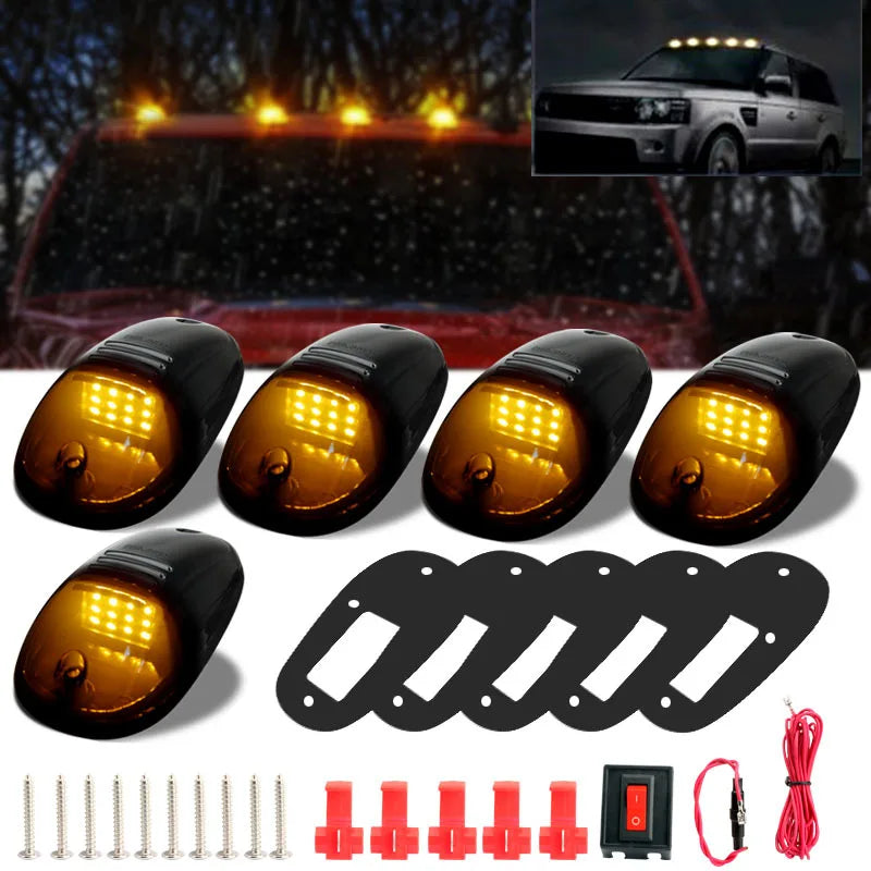Set of five amber and white LED cab roof marker lights for trucks and SUVs with mounting hardware