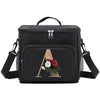 Black insulated canvas lunch bag with a gold letter A design and adjustable straps