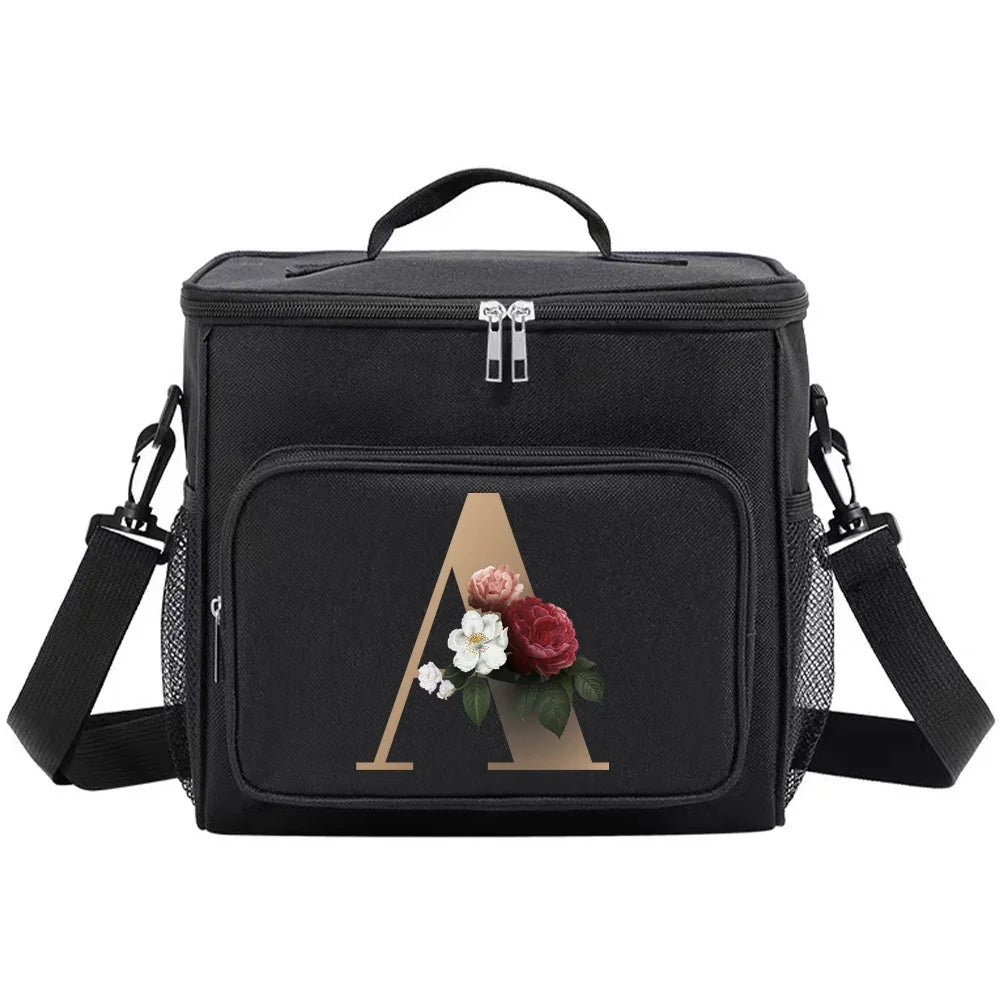 Black insulated canvas lunch bag with a gold letter A design and adjustable straps