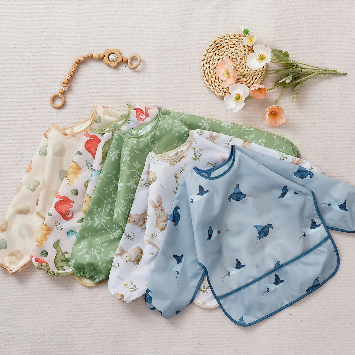 Waterproof Long-Sleeve Baby Bib with Catch-All Pocket