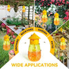 A collection of yellow glass fruit fly traps with pheromone lures hanging in a garden setting.