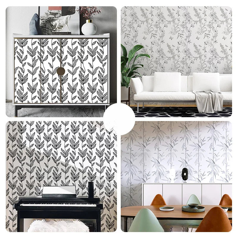 A collection of interior designs featuring boho leaf peel-and-stick wallpaper in green and white on furniture and walls.