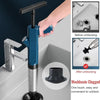 A hand is using a high-pressure pneumatic drain unblocker to unclog a washbasin, showing before and after results.
