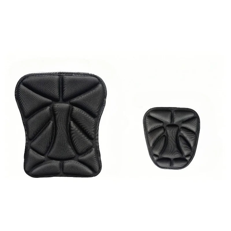 Black ergonomic 3D motorcycle seat cushion made of breathable EVA foam.