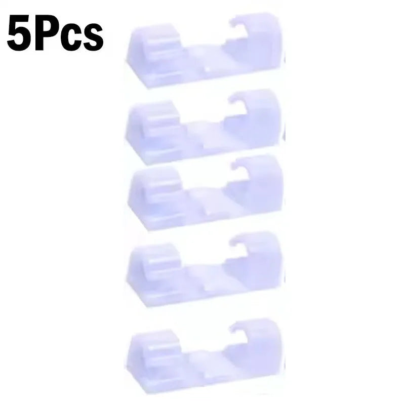 Five clear plastic self-adhesive cable clips designed for wire management.