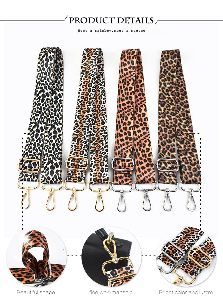 Leopard print wide adjustable crossbody bag strap shown in various lengths and close-ups