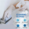 A hand wearing a white cleaning glove is shown cleaning a surface, with icons indicating uses for household, dish washing, ja