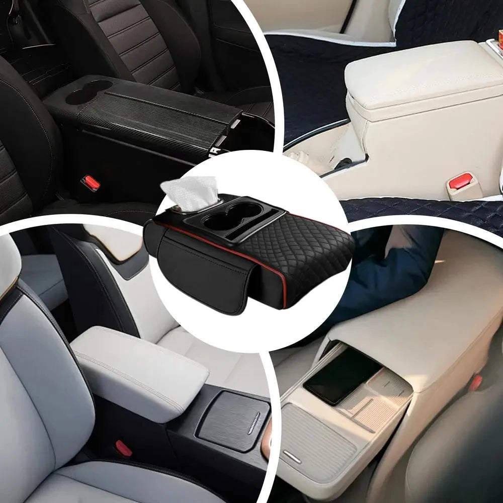A car armrest cushion with cup holders and storage is shown in various angles inside a vehicle.