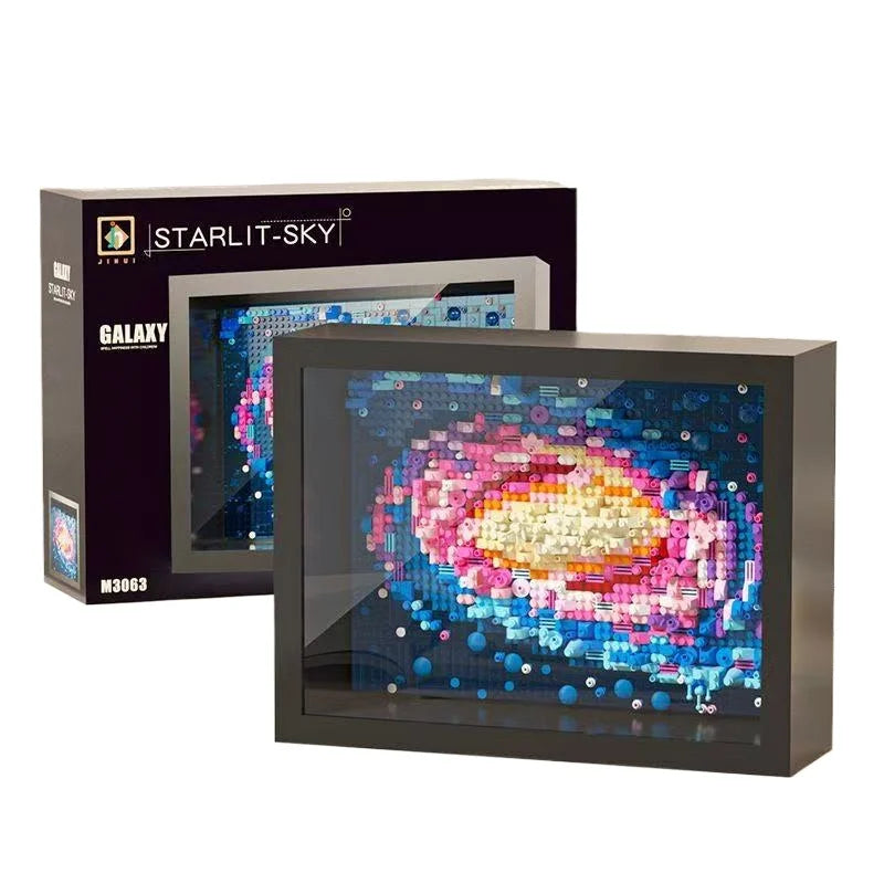 A box and a framed display of Van Gogh Starry Night diamond building blocks.