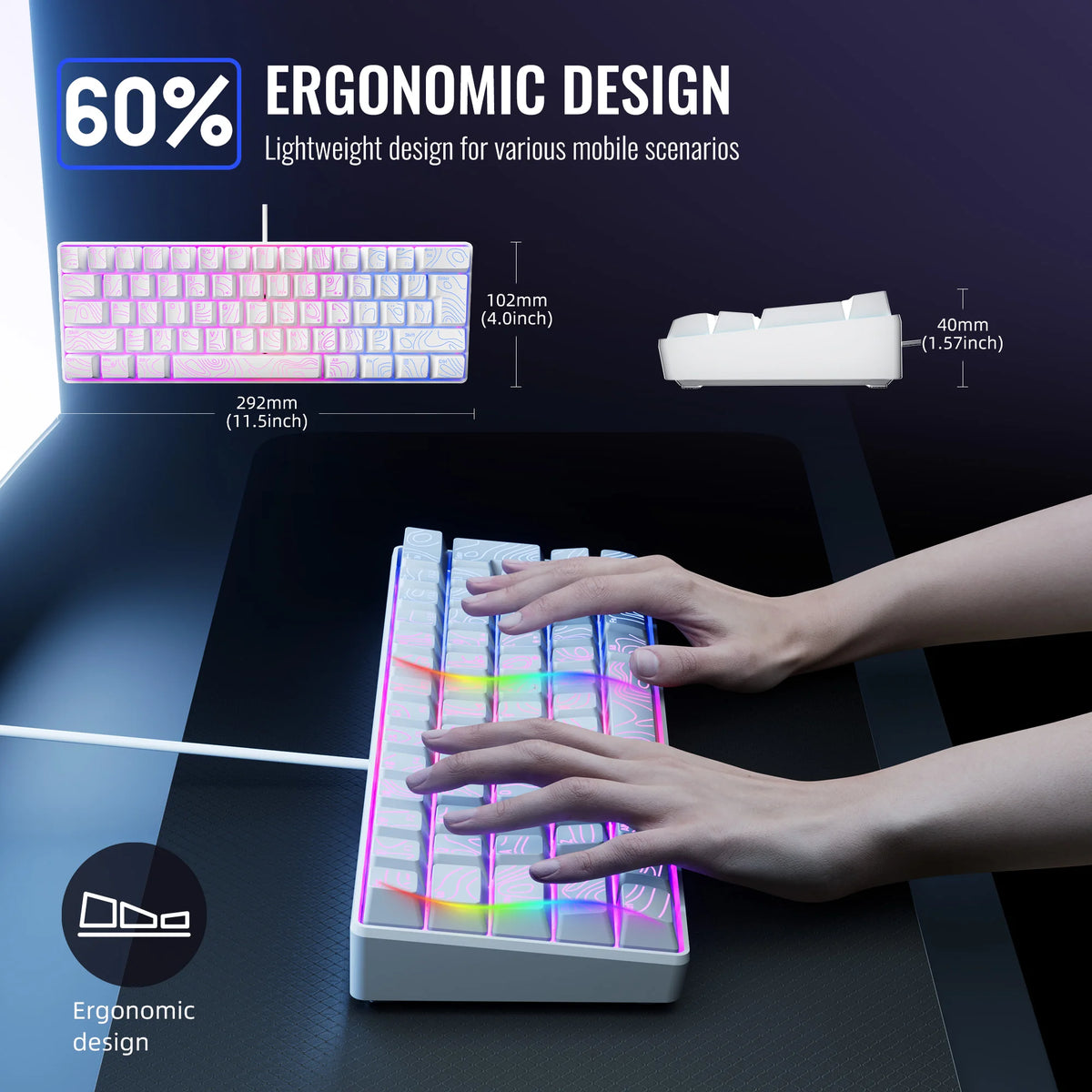 Nahaufnahme einer RGB-Gaming-Tastatur mit lila Hintergrundbeleuchtung, die von einer Hand benutzt wird.