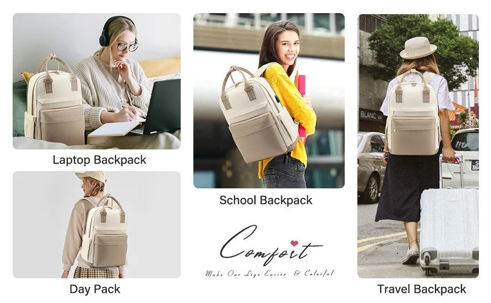 Women's Nylon Waterproof Casual Backpack with USB Port, Fits 15.6 Inch Laptop