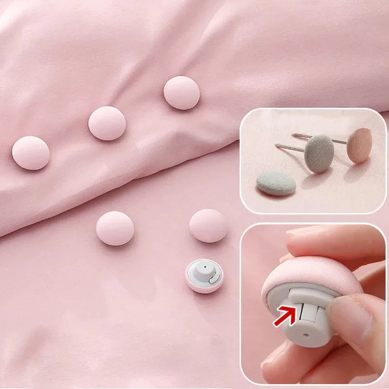 Pink anti-slip bedsheet quilt clips are shown on a pink fabric with close-ups of the clips and usage.