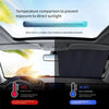 A close-up view of a car interior showing a retractable sunshade installed on the windshield, with text explaining its temper