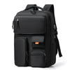 A black travel backpack with a laptop compartment and various storage pockets.