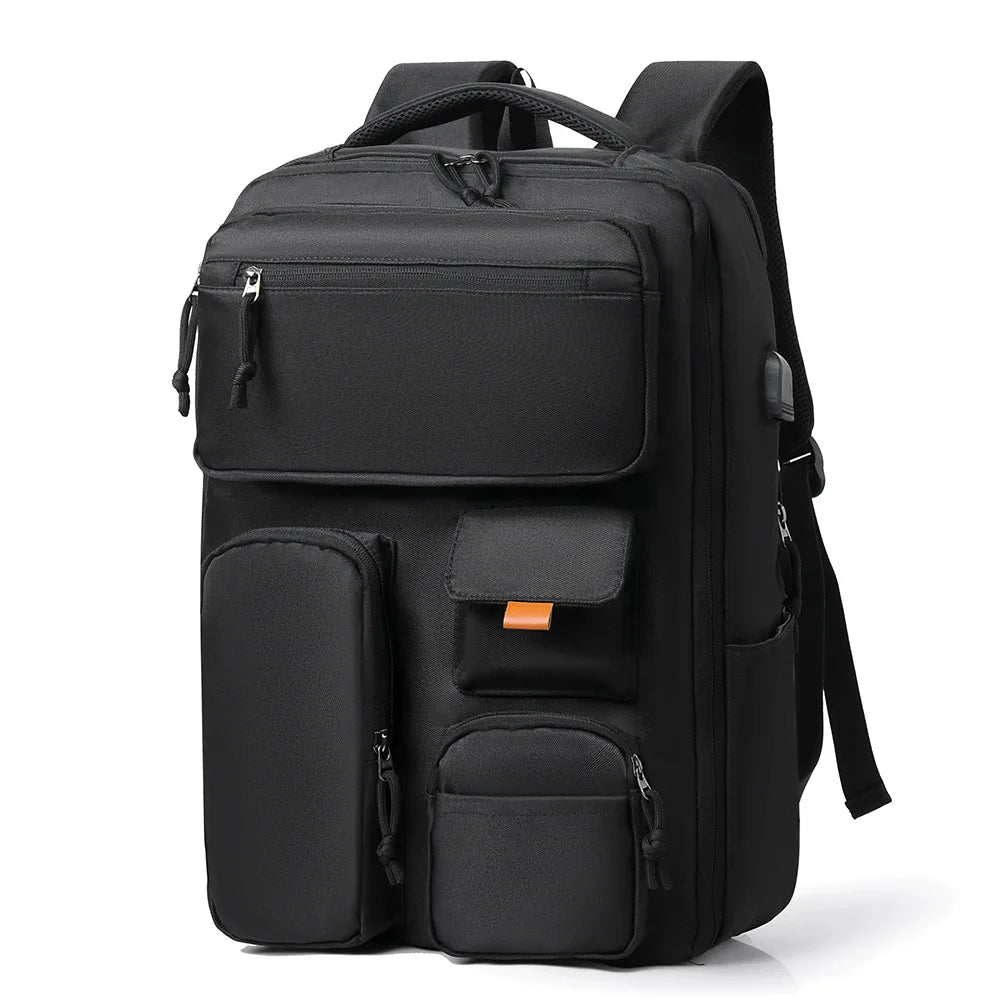 A black travel backpack with a laptop compartment and various storage pockets.