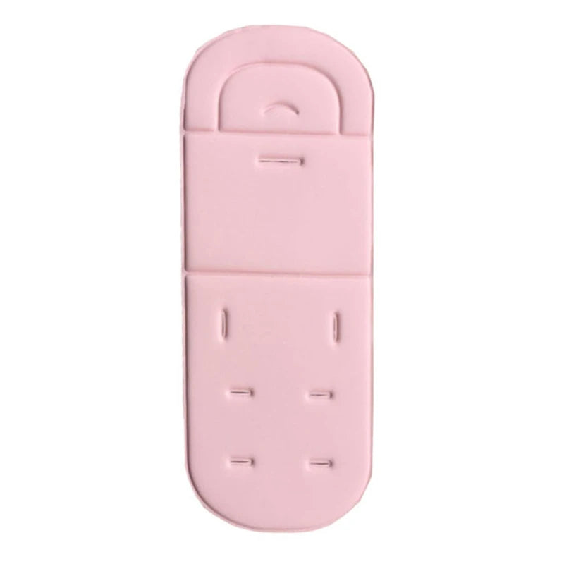 A pink cartoon baby stroller seat cushion with a contoured design.