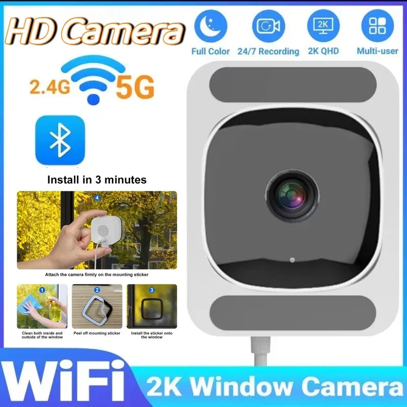 A close-up view of a gray WiFi window camera with a lens, showing installation steps and connectivity icons.
