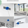 A long, slender blue microfiber duster is shown cleaning a window and a ceiling fan.