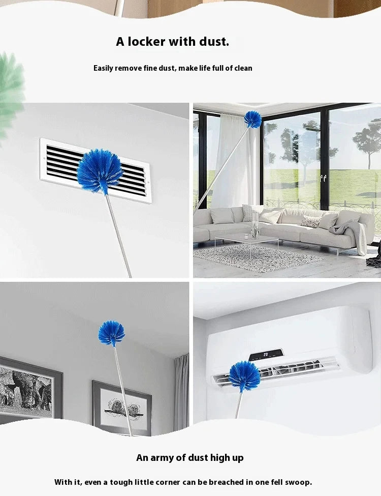 A long, slender blue microfiber duster is shown cleaning a window and a ceiling fan.