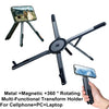 A black metal magnetic tablet stand with a foldable design shown in various angles for holding a cellphone or laptop.