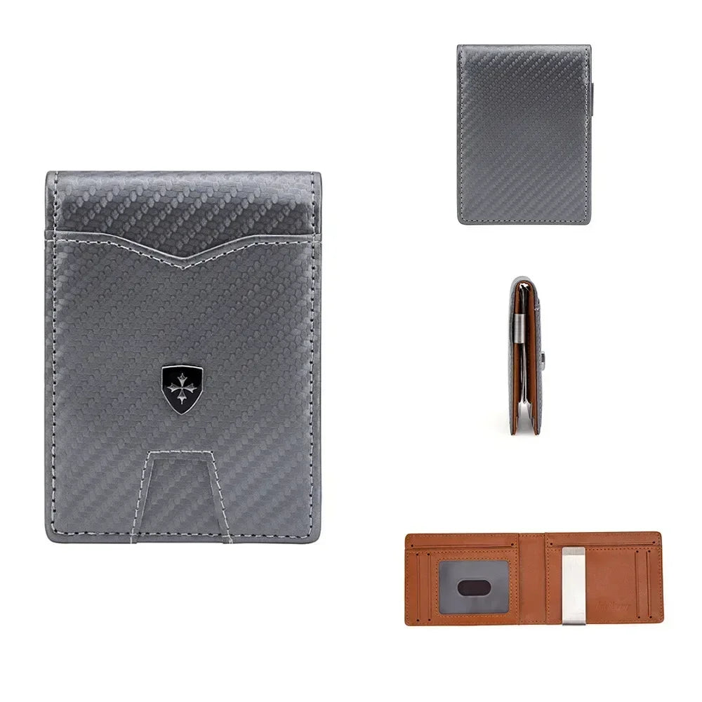 A set of slim RFID-blocking wallets including a gray carbon fiber cardholder, a black pen, and a brown leather card sleeve.