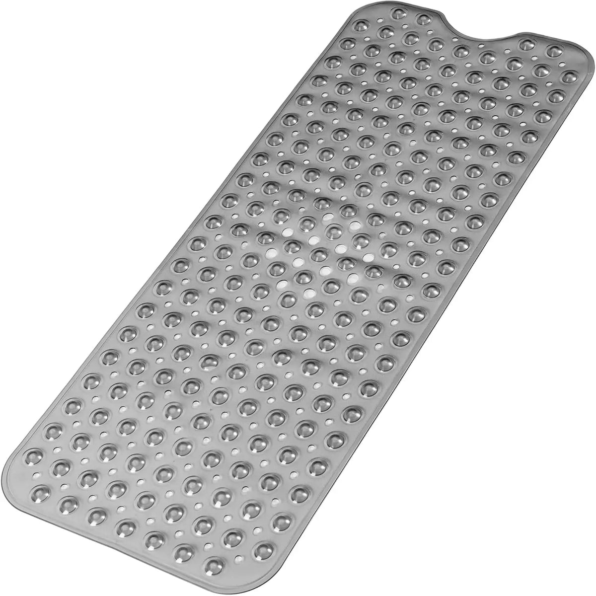 A gray bathtub mat with numerous suction cups for non-slip grip.