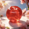 A glossy red apple squeezable toy resting on a white surface surrounded by soft pink flowers.