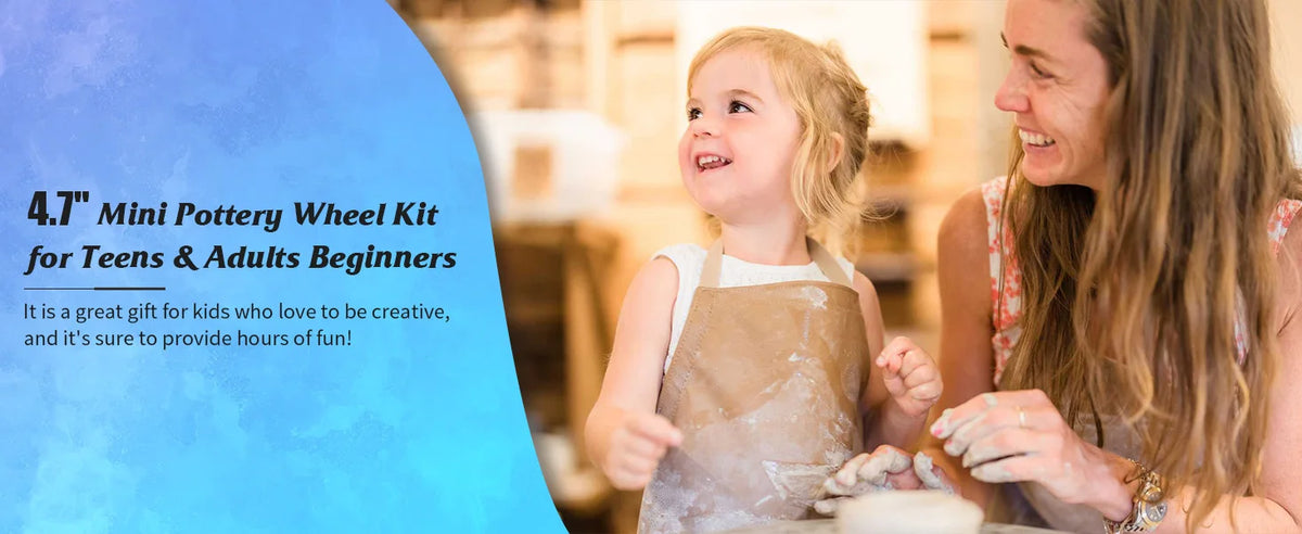 A woman is helping a young girl use a 4.7 inch mini pottery wheel kit for creative fun.
