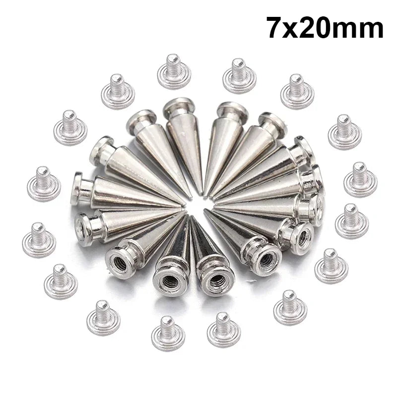 A collection of silver metal spike studs with a 7x20mm size, arranged radially.