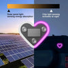 A solar heart neon light is shown next to a solar panel, illustrating light-sensing energy absorption and night activation.