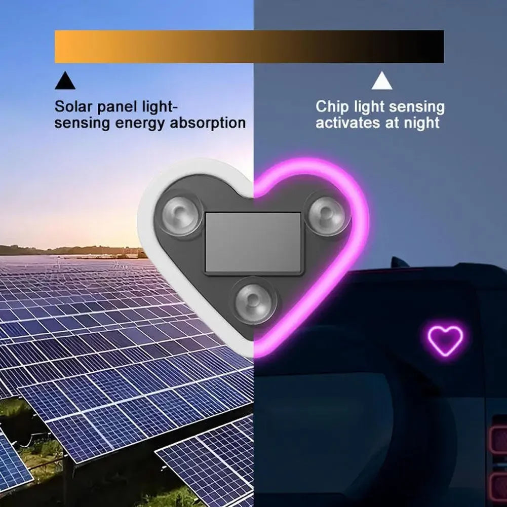 A solar heart neon light is shown next to a solar panel, illustrating light-sensing energy absorption and night activation.