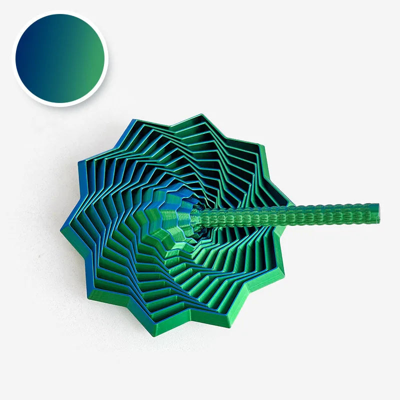A green 3D illusion fidget star with a swirling spiral design and a small circular color swatch.