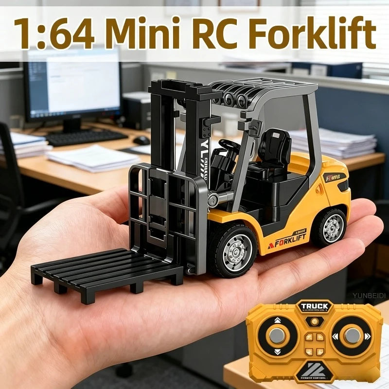 A hand holds a yellow 1:64 mini RC forklift with a black lift, displayed against an office background.