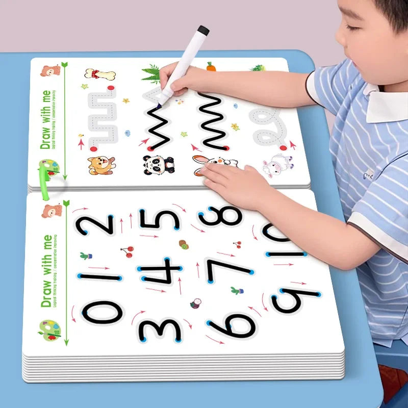 A child is using a reusable magic tracing workbook to practice handwriting, drawing letters and numbers.