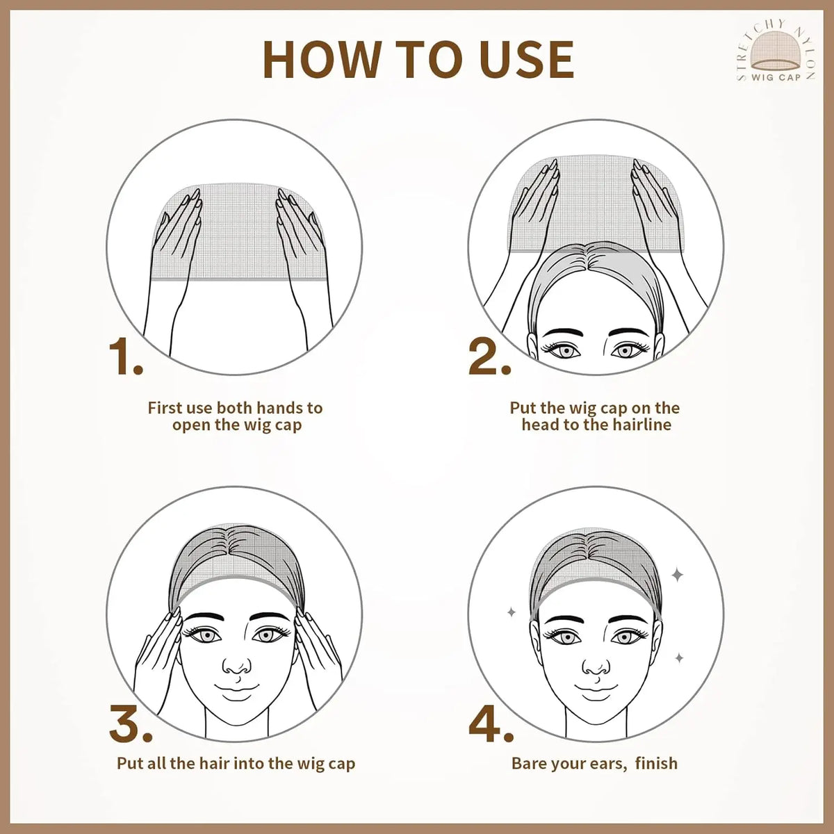 A four-step guide showing how to use an ultra-thin invisible wig cap for hair application.