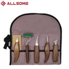 An 8-piece wood carving kit with walnut handles is displayed in a purple pouch.
