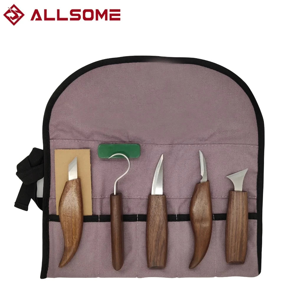 An 8-piece wood carving kit with walnut handles is displayed in a purple pouch.