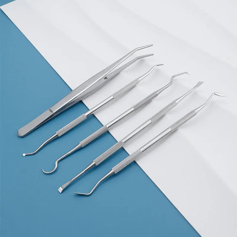 A set of premium stainless steel dental care tools for oral hygiene displayed on a white background.