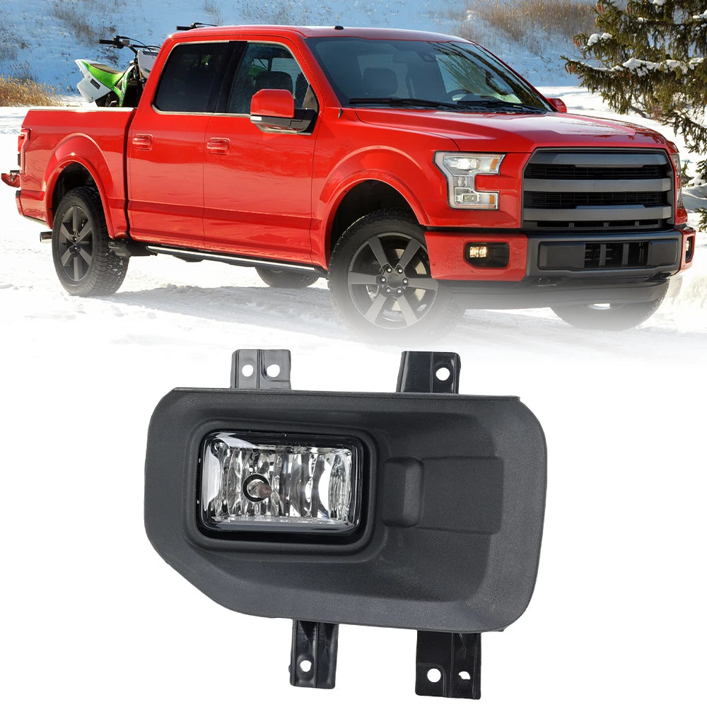 A close-up view of a black fog light assembly for a Ford F-150 truck.