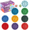 A set of nine colorful math fidget spinners showing multiplication and division problems on circular discs.