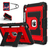 A red shockproof hybrid case for an iPad is shown with accessories, including a separate case and a stylus.