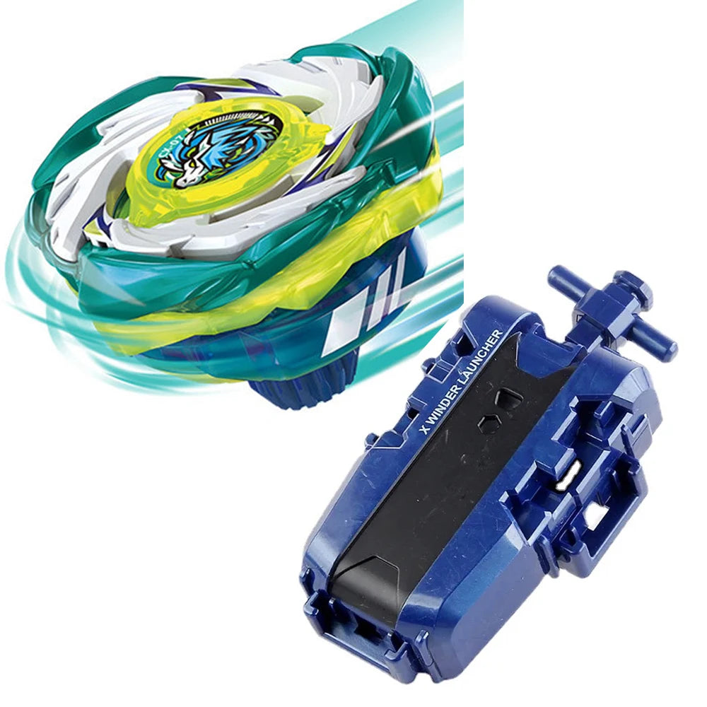 A Beyblade starter set featuring a green and white launcher, a phoenix wing piece, and a drumsword piece.