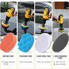 A set of seven power drill brush attachments including buffing pads, polishing pads, wool pads, and scouring pads in various 