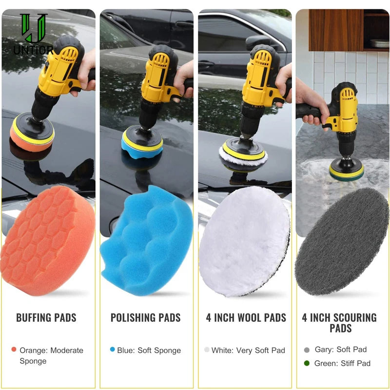 A set of seven power drill brush attachments including buffing pads, polishing pads, wool pads, and scouring pads in various 