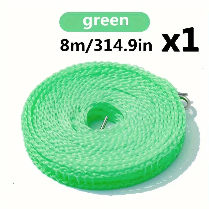 Green windproof portable clothesline with anti-slip design, 8 meters long.