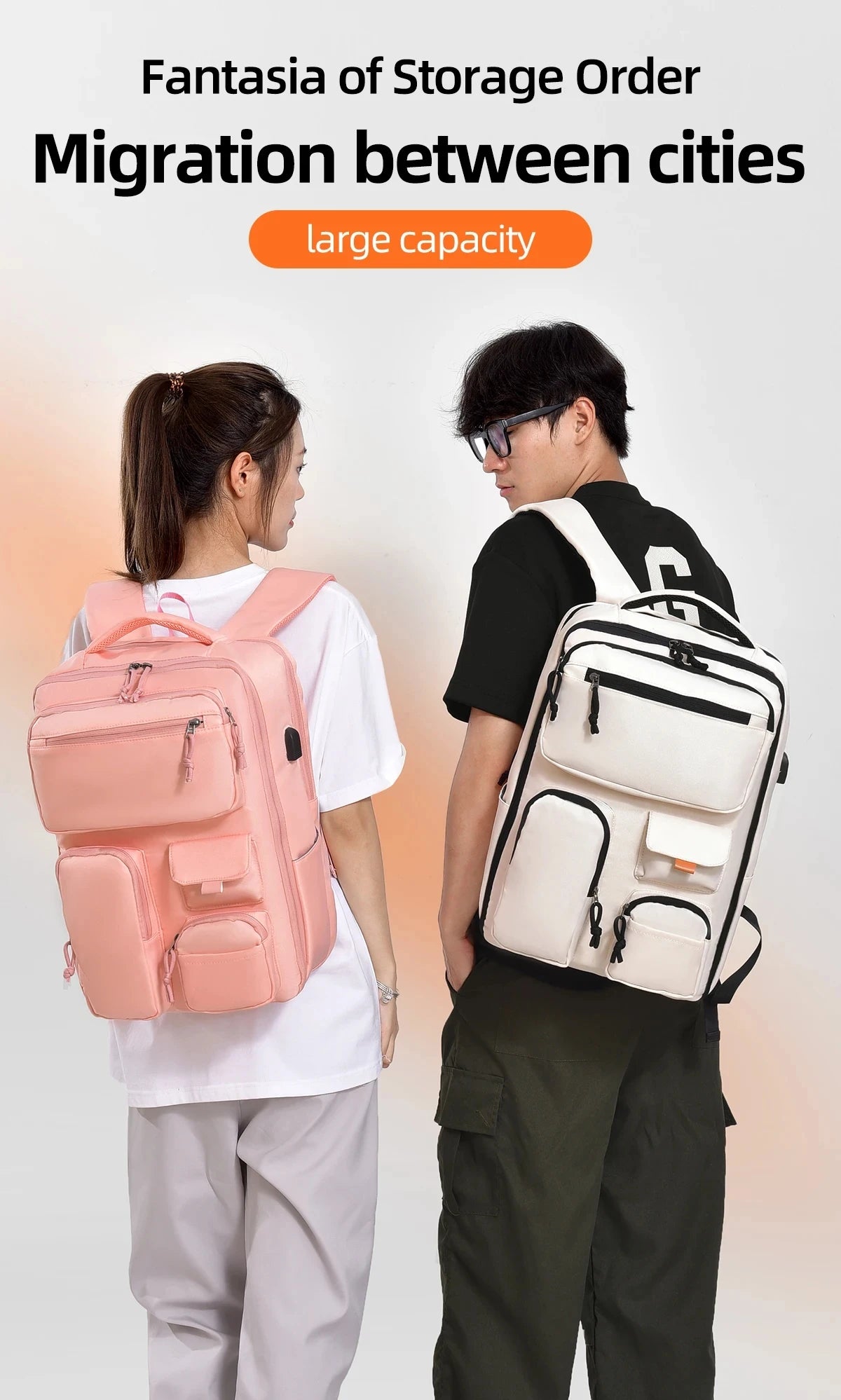 A pink backpack is shown being carried by a woman, illustrating the fantasia of storage order migration between cities.
