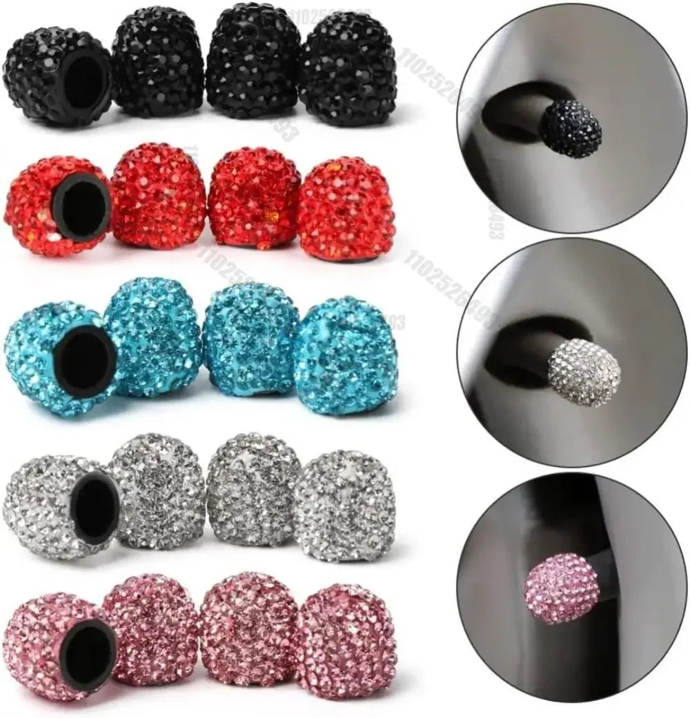 A collection of crystal-cut tire valve caps in various colors including black, red, and blue glitter finishes.