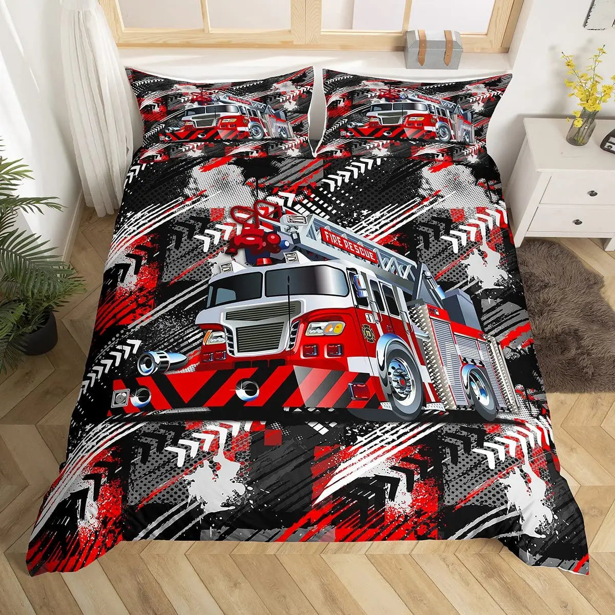 A duvet cover set featuring a graphic design of a red fire engine and honeycomb patterns.