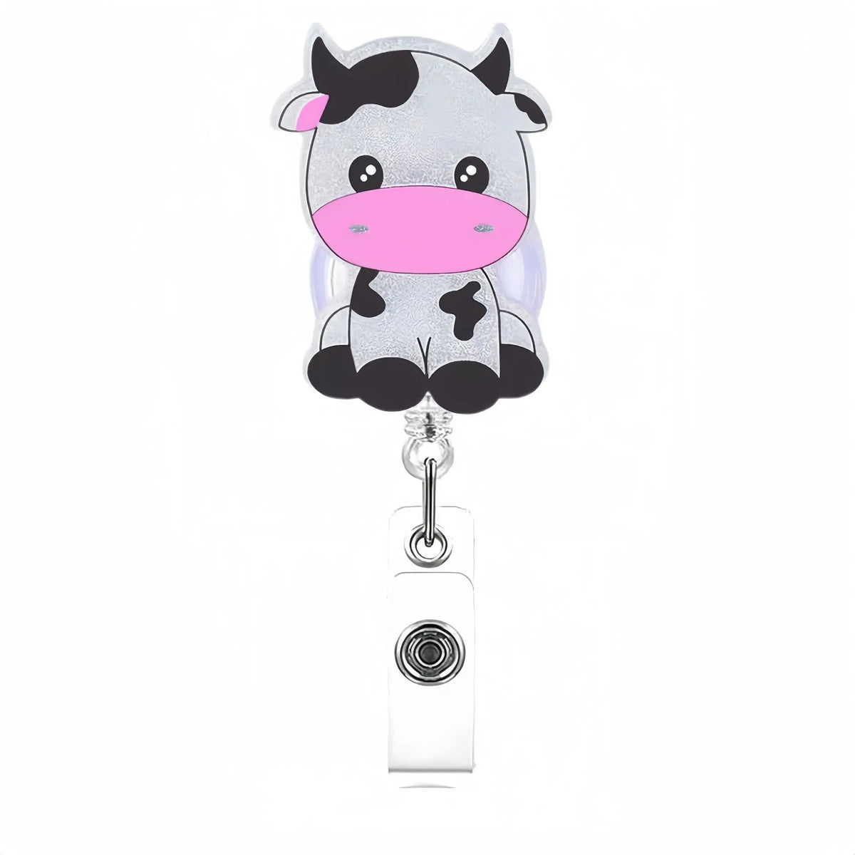 Glitter acrylic badge reel featuring a cute pony design with pink muzzle and black body.